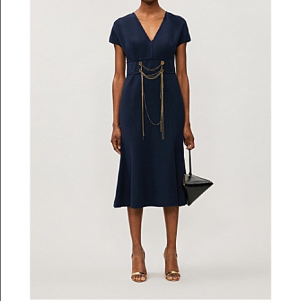 Oscar De La Renta Wool-blend Draped Chain Trumpet Dress, Navy Size 8